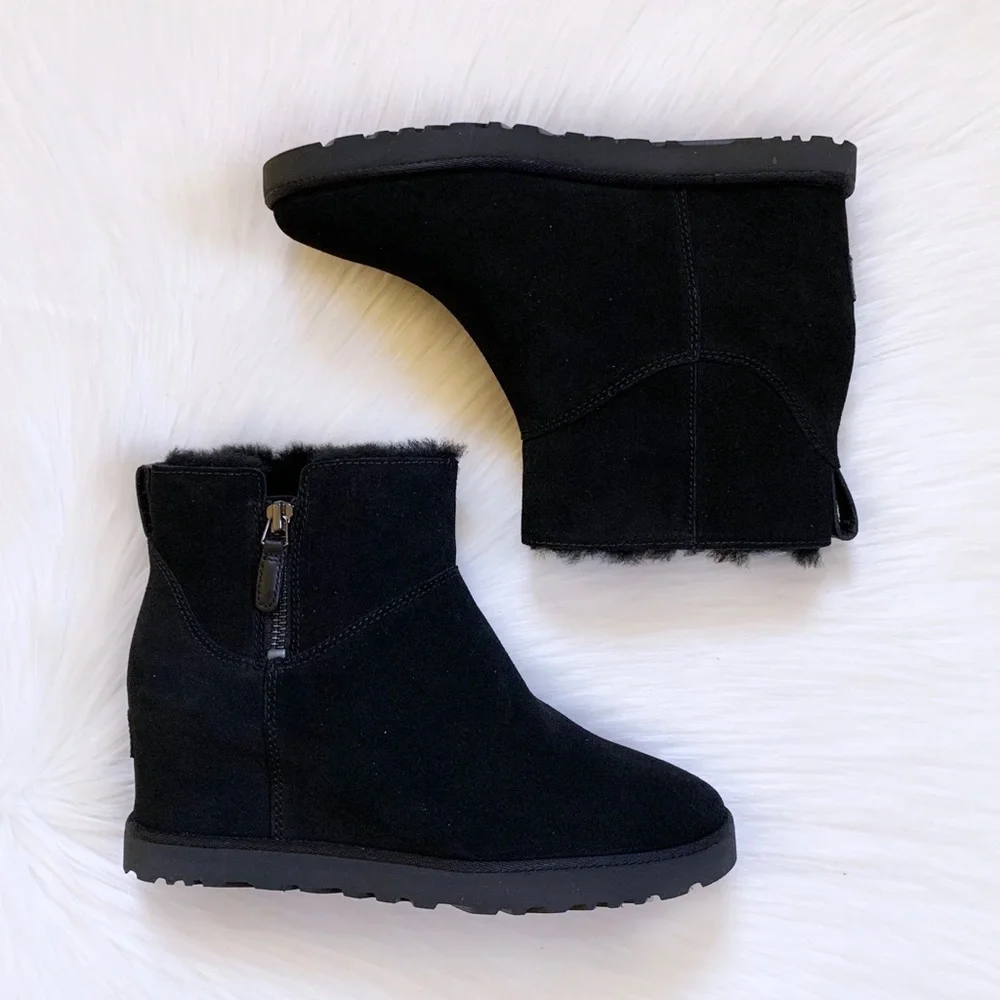 UGG Women’s Classic Femme Zip Mini Black Wedge Boots - Picture 6 of 9